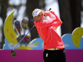Brooke Henderson tees off on the second hole during the final round of the Swinging Skirts LPGA Classic on Sunday. The 17-year-old Canadian finished third. (GETTY IMAGES/AFP)