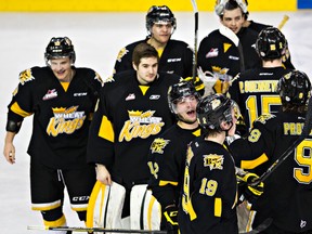 The Wheat Kings celebrate their win during overtime of the Edmonton Oil Kings' WHL playoff hockey game against the Brandon Wheat Kings at Rexall Place in Edmonton, Alta., on Wednesday, April 1, 2015. The Wheat Kings won 3-2, ending the playoffs for the Oil Kings. Codie McLachlan/Edmonton Sun/QMI Agency