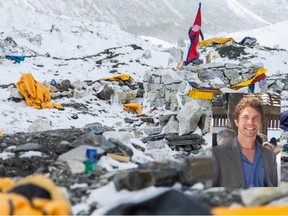 Cody Walter (inset) of Sudbury is missing in Nepal. Ottawa-based adventurer and filmmaker Elia Saikaly​ tweeted these photos showing Base Camp on Mount Everest. Saikaly was on the mountain Saturday, when an avalanche was triggered by an earthquake in Nepal.