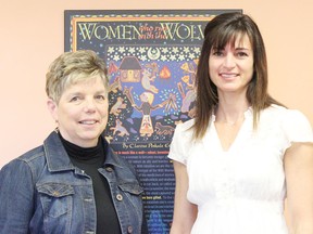 Michele Hansen (left), executive director for the Huron Women’s Shelter, and Kathy Dawson of Royal LePage Heartland Realty. Dawson and her daughter Loreena are heading to Peru this August to trek Machu Picchu to raise money for the shelter.  (Steph Smith/Goderich Signal Star)