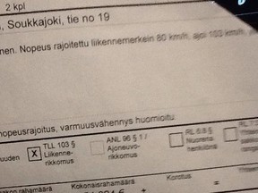 A photo of the $71,184 ticket given to Finnish millionaire Reima Kuisla for going 74 mph in a 60 mph zone. FACEBOOK PHOTO/POSTMEDIA NETWORK