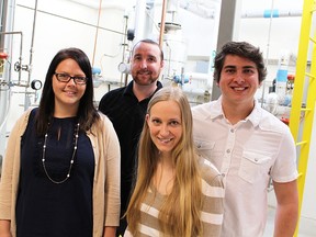 Lambton College instrumentation and control engineering technology students were among the winners at a recent international instrumentation student games competition in Calgary. Pictured are Heather Prior, left, Kaitlin Reilly and Ryan Hicks, with instructor Kevin Ryan. Not pictured is student Luc Labbe. (Tyler Kula/Sarnia Observer/Postmedia Network)