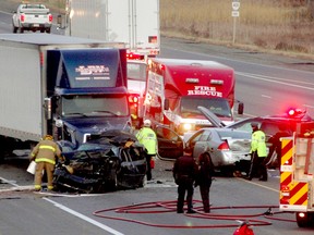 EMILY MOUNTNEY-LESSARD/THE INTELLIGENCER
The trial of a tractor trailer driver charged with dangerous driving causing death in this 2011 collision began 
Monday in the Superior Court of Justice, in Belleville.