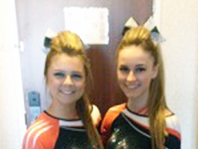 Two local members of the Clinton Cougars Cheerleading team – Courtney Vanhevel (left) and Zoey Pulles - won first place at the National Cheer Championships (NCC) for the Senior Level 2 section April 17-19 in Brampton. SUBMITTED PHOTO