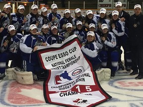 The Sudbury Lady Wolves midget AA squad celebrates their 2015 Esso Cup victory in Red Deer, Alta., last Saturday night.