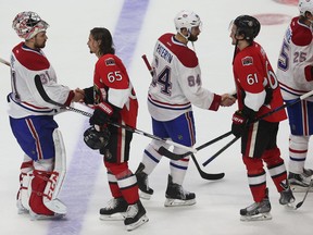 The Ottawa Senators and Montreal Canadiens shake hands at the Canadian Tire Centre in Ottawa Sunday April 26, 2015. The Montreal Canadiens eliminated the Senators out of the playoffs by defeating them 2-0 Sunday. Tony Caldwell/Postmedia Network