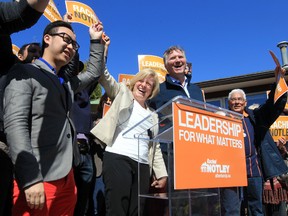 Rachel Notley cheers after making a speech in Edmonton.