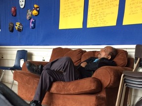 A supply teacher appears to be sleeping on the job Friday at Subway Academy One, an alternative secondary school on Phin Ave. (Supplied photo)
