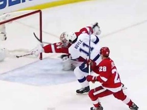 Petr Mrazek makes an unbelievable stop against the Bolts Monday night.