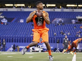 Quarterback Jameis Winston of Florida State looks to throw a pass during the 2015 NFL Scouting Combine at Lucas Oil Stadium on February 21, 2015 in Indianapolis, Indiana. (Joe Robbins/Getty Images/AFP)