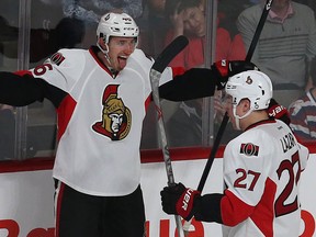 Ottawa Senators' Patrick Wiercioch celebrates his goal against the Canadiens at the Bell  Centre in Montreal Friday, April 24, 2015. (Tony Caldwell/Ottawa Sun)