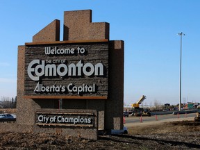 The Welcome to Edmonton, City of Champions is seen on Whitemud Drive just east of 17 St., on Tuesday March 17, 2015. The signs on each conner of the city have been in place since 1988. The debate on weather or not to change the slogan continues. Tom Braid/Edmonton Sun