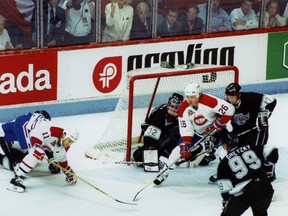 A goal mouth scramble during the 1993 Stanley Cup Finals between the LA Kings and Montreal Canadiens. (Postmedia Network file photo)