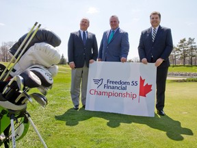 PGA Tour Canada president Jeff Monday, left, Freedom 55 Financial senior VP Mike Cunneen and Golf Canada executive director Scott Simmons show off the new name of the Tour?s signature event at Highland Golf and Country Club, where the Freedom 55 Financial Championship will be held in September. (Craig Glover, The London Free Press)
