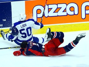 This hit on Grand Rapids Griffins’ Zach Nastasiuk in Game 2 on Sunday cost Marlies defenceman Viktor Loov a two-game suspension. Game 3 goes Wednesday. (Dave Abel/Toronto Sun)
