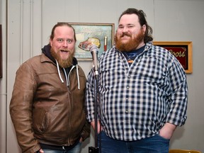 Comedians Ryan Horwood and K. Trevor Wilson pose at Thib's on Friday night. The pair were here from Toronto to perform at Thib's Comedy Night last Friday and Saturday night.