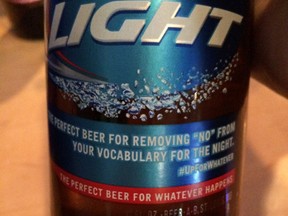 Bud Light has apologized for a message on its bottles that suggested the drink was the “perfect beer for removing 'no' from your vocabulary for the night.” Users on Reddit lambasted the company for the “rapey” slogan. (Postmedia Network/Reddit)
