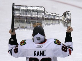 Chicago Blackhawks right wing Patrick Kane celebrates after scoring the game winning goal in overtime against Philadelphia Flyers in Game 6 of the NHL Stanley Cup final hockey series in Philadelphia June 9, 2010. (REUTERS)