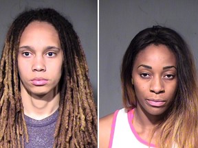 Women's National  Basketball Association (WNBA) players Brittney Griner (L) of the Phoenix Mercury and her fiancee Glory Johnson of the Tulsa Shock, are shown in this combo of police booking photos provided April 23, 2015.  Both were arrested Wednesday on suspicion of assault and disorderly conduct according to jail records. (REUTERS/Maricopa County Sheriff's Office Handout)