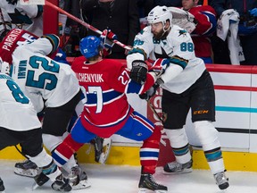 Brent Burns, seen here in a game against Montreal earlier this season, normally sports a bushy beard but his his bearded Team Canada teammates plan to shave their facial hair off before the start of the World Hockey Championships on Friday. (Postmedia Network)