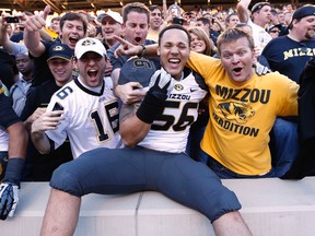 Shane Ray of the Missouri Tigers celebrates with fans after the game against the Tennessee Volunteers at Neyland Stadium on November 10, 2012 in Knoxville, Tenn. (Joe Robbins/Getty Images/AFP)