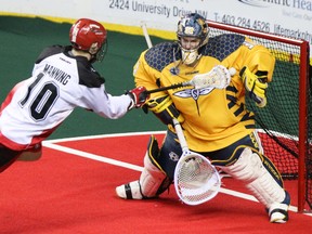 Tyler Carlson split goaltending duties for the Swarm last season before being traded to the Rush in a deal at the draft. (Brent Calver, Postmedia Network)