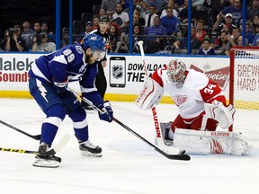 Tampa Bay Lightning defenceman Nikita Nesterov shoots on Detroit Red Wings goalie Petr Mrazek during Game 7 of the first round NHL playoff series Wednesday at Amalie Arena. (Kim Klement/USA TODAY Sports)
