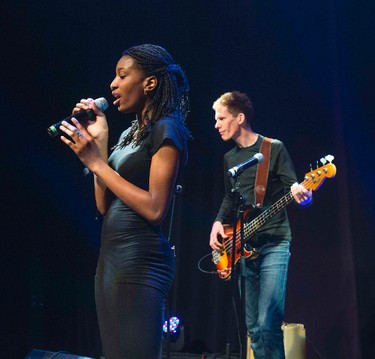 Fatou Mukuna, 15, student Regent Park School of Music and Jim Creeggan (Barenaked Ladies)  perform at CRESCENDO 2015 in support of Regent Park School of Music held at Ada Slaight Hall in Daniels Spectrum in the Regent Park neighbourhood in Toronto, Ont. on Wednesday April 29, 2015.  The evening include musical performances by student, recent graduates and special guests. Ernest Doroszuk/Toronto Sun