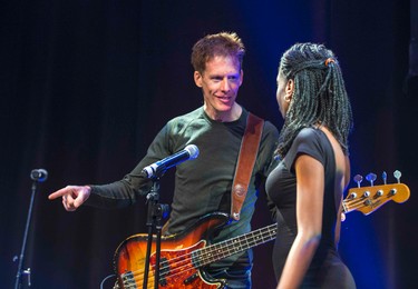 Jim Creeggan (Barenaked Ladies)  and Fatou Mukuna, 15 (right)  a student Regent Park School of Music , prepare to perform at CRESCENDO 2015 in support of Regent Park School of Music held at Ada Slaight Hall in Daniels Spectrum in the Regent Park neighbourhood in Toronto, Ont. on Wednesday April 29, 2015.  The evening include musical performances by student, recent graduates and special guests. Ernest Doroszuk/Toronto Sun
