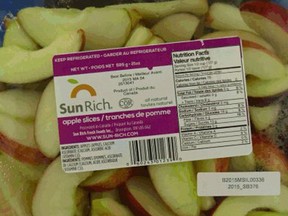The Canadian Food Inspection Agency says it has recalled Sun Rich Fresh Foods' packaged apple slices and assorted fruit salads because of a risk of Listeria contamination. (CFIA)