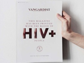 This cover of German men's health magazine, Vangardist, printed entirely with HIV positive blood. 

(Facebook/HIV Heroes)