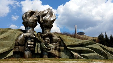 A statue in front of The Buzludzha Monument in Kazanlak, Bulgaria. (WENN.com)