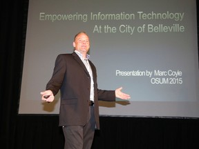 Marc Coyle, Belleville's manager of information technology, leads a session on empowering information technology, during Thursday's staging of the Ontario Small Urban Municipalities, at the Quinte Sports and Wellness Centre. JASON MILLER /THE INTELLIGENCER