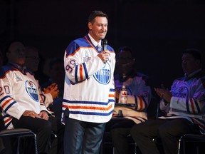 Former NHL great Wayne Gretzky speaks on stage during the Edmonton Oilers 1984 Stanley Cup Legacy Reunion at Rexall Place in Edmonton, Alta., on Friday, Oct. 10, 2014. (Postmedia Network file photo)