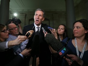 Opposition Leader Brian Pallister comments on the provincial budget at the Manitoba Legislative Building in Winnipeg, Man., on Thu., April 30, 2015. Kevin King/Winnipeg Sun/Postmedia Network