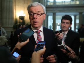 Premier Greg Selinger comments on the provincial budget at the Manitoba Legislative Building in Winnipeg, Man., on Thu., April 30, 2015. Kevin King/Winnipeg Sun/Postmedia Network