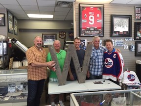 Laurie Boschman, Joe Daley, Dave Babych, Dave Ellett and Morris Lukowich at Joe Daley's Sports and Framing April 30, 2015.