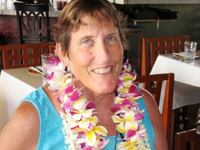 Margaret Cruse is pictured at her 60th birthday celebration at Cafe O Lei, in Kihei, Maui, Hawaii, in this undated handout photo. (Pamela Polland/Handout via Reuters)