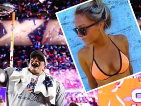 New England Patriots tight end Rob Gronkowski holds up the Vince Lombardi Trophy. REUTERS file photo
(Picture of Camille Kostek from YouTube screenshot)