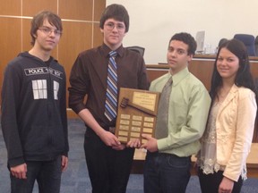 A team of students from LCCVI in Petrolia was judged to be the top team at the annual trial competition held recently at the Sarnia courthouse. From left are Ian Brown, Travis Poland, Carter Vansickle and Karisa Core. Photo taken Thursdsay, April 30, 2015 at Sarnia, Ontario.
HANDOUT/ SARNIA OBSERVER/ POSTMEDIA NETWORK