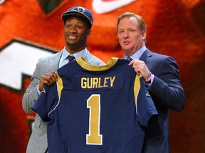 Todd Gurley poses for a photo with NFL commissioner Roger Goodell after being selected as the number 10th overall pick to the St. Louis Rams in the first round of the 2015 NFL Draft at Chicago's Auditorium Theatre of Roosevelt University on Apr 30, 2015. (Dennis Wierzbicki-USA TODAY Sports)