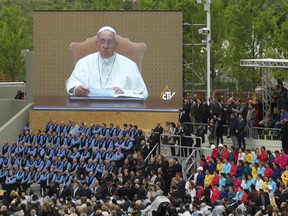 Pope Francis delivers an address during the opening ceremony of Expo 2015 in Milan, Italy,  May 1, 2015. Italy opens the Milan Expo on Friday, torn between hopes that the showcase of global culture and technology will cheer up a gloomy national mood and fears that it will be overshadowed by scandal, delays and street protests.    REUTERS/Alessandro Garofalo