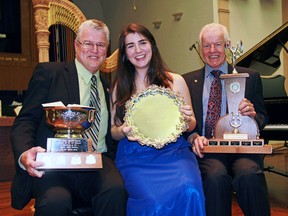 Lola Reid-Allin/ SUBMITTED PHOTO
Sixteen-year-old music talent Tabitha Savic carried off top honours at the 47th annual Quinte Rotary Music Festival in Belleville recently, winning the four major prizes of the Silver Trophy evening, held at St. Matthew’s United Church. Savic, shown here with festival chairman John Chisholm (left) and Belleville Rotary President Len Kennedy, sang and played the harp and piano to win the Rose Bowl award for voice, the Silver Strings award, the Silver Tray for piano, and the Joe Demeza prize for best performance of the evening.