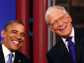 President Barack Obama (L) and David Letterman (R). 

REUTERS/Kevin Lamarque