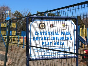Centennial Park's playground equipment, pictured here on Friday May 1, 2015 in Sarnia, Ont., is expected to be removed in the next phase of remediation work at the waterfront park starting this summer. City staff are pitching a total of $5.5-million worth of work -- including also demolishing the Dow People Place and moving the public boat launch -- to finish off restoring the waterfront park by 2016. (Barbara Simpson, The Observer)