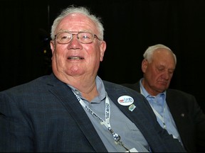 Intelligencer File Photo
Quinte West Mayor Jim Harrison, left, sits with Deputy Mayor Jim Alyea at the Ontario Small Urban Municipalities conference in 2015.