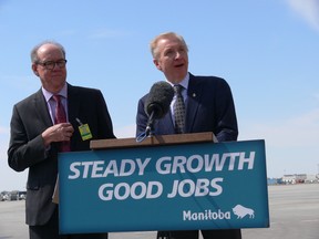 The province announced a 3.2 cents/litre tax rebate for airlines on jet fuel purchased in Manitoba and used in international flights, effective July 1. Finance Minister Greg Dewar (left) and Winnipeg Airports Authority CEO Barry Rempel made the announcement at a press conference May 1, 2015.