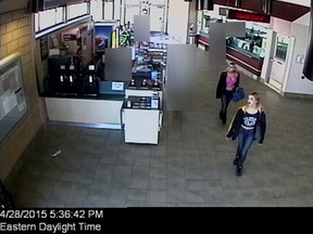 Police released this screen grab from surveillance video showing two girls in Port Credit GO station. Abigail Bergman, 14, and 15-year-old Polinah Ouskova have been missing since April 27, 2015. (Halton Regional Police photo)