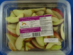 The Canadian Food Inspection Agency says it has recalled packaged sliced apples and assorted fruit salads by Sun Rich Fresh Foods, of Brampton, Ont., due to the risk of listeria contamination.