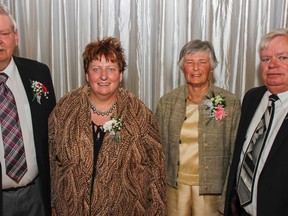 The Kingston and District Sports Hall of Fame held its banquet honouring this year’s inductees, from left, Jack Aldridge, Anne Storring (representing her late husband Bob), Jenny Ellis and Don Dennee at Our Lady of Fatima Parish Hall on Friday. This year’s other inductee is the late George Richardson. (Julia McKay/The Whig-Standard)